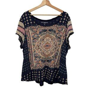 Lucky Brand Womens Boho Floral Printed Short Sleeve Top 3X Navy Multicolor Cotto